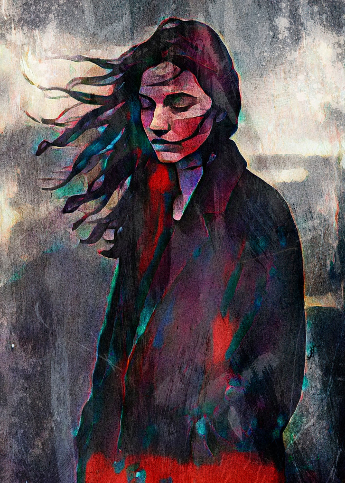 Dettaglio dell’opera Inner Drift, ritratto femminile materico con vento nei capelli e stratificazioni cromatiche Detail of the artwork Inner Drift, textured female portrait with wind-blown hair and layered chromatic surfaces