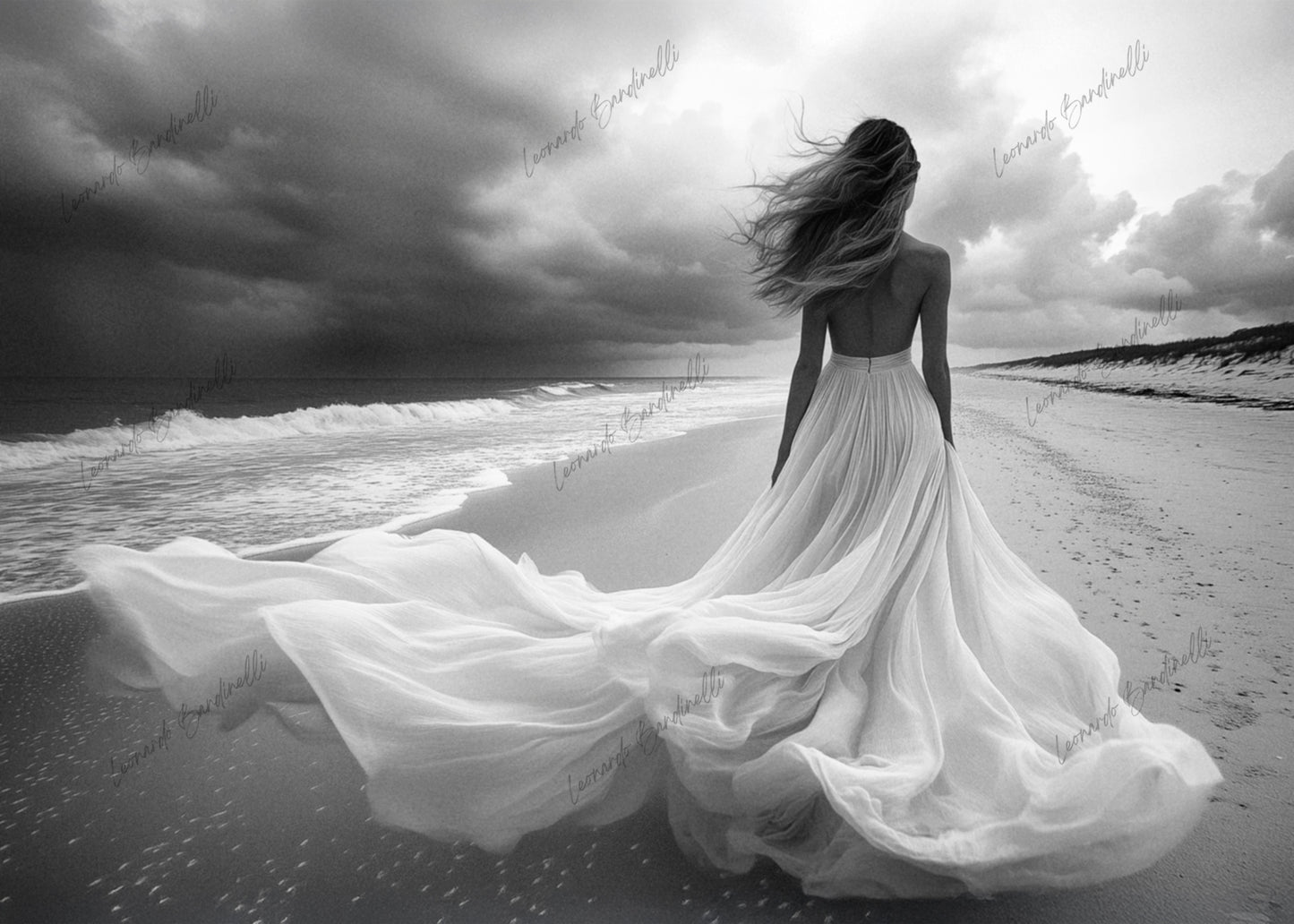 Fotografia fine art in bianco e nero di una figura femminile di spalle sulla riva del mare, con un abito leggero mosso dal vento, le onde che scorrono sulla battigia e un cielo tempestoso.
Black and white fine art photograph of a female figure seen from behind on a seashore, wearing a flowing dress moved by the wind, with waves along the shoreline and a stormy sky.