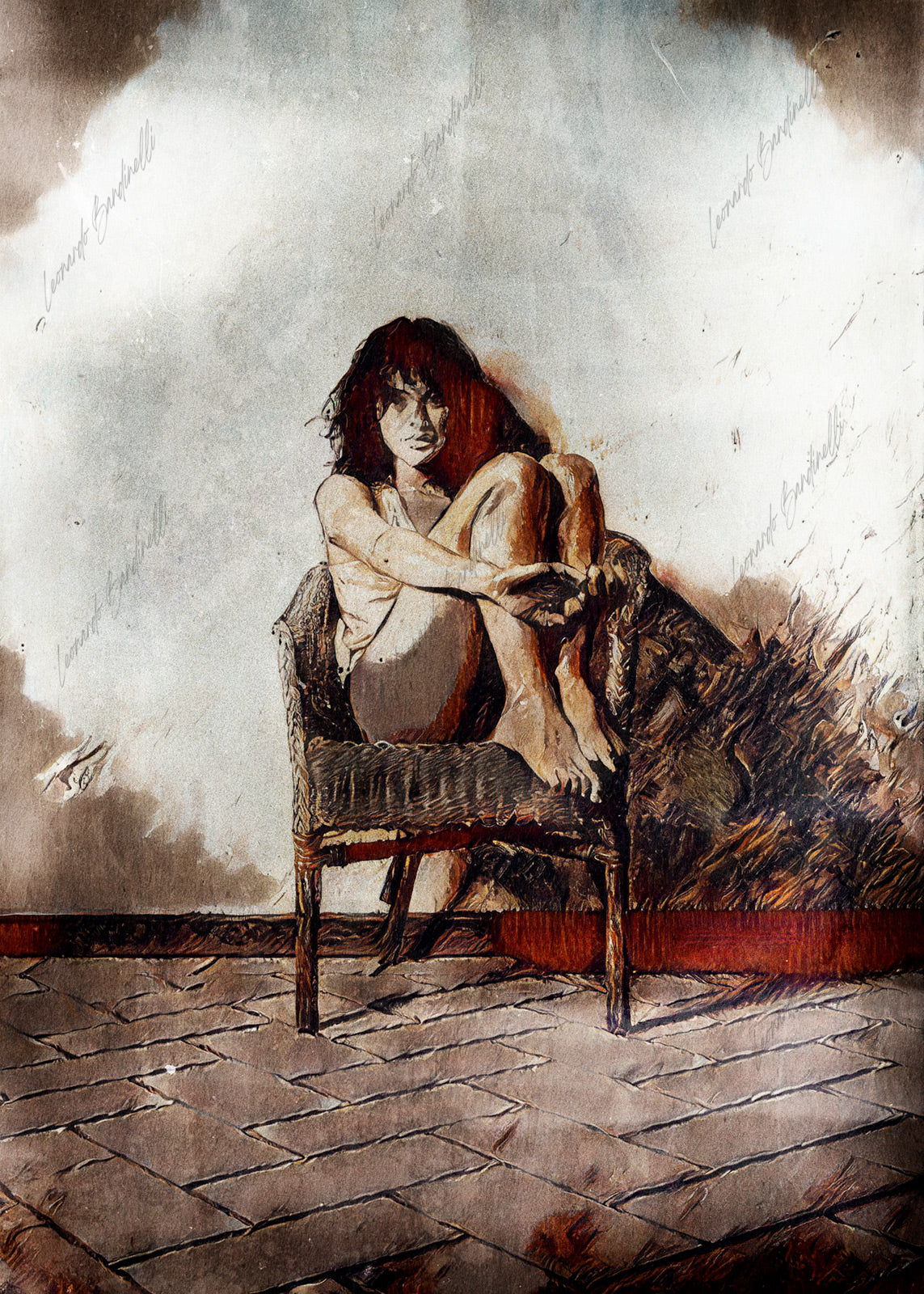 Opera di digital painting con figura femminile seduta su una sedia, caratterizzata da texture pittoriche materiche e tonalità calde.
Digital painting artwork featuring a seated female figure on a chair, characterized by textured, painterly surfaces and warm tones.