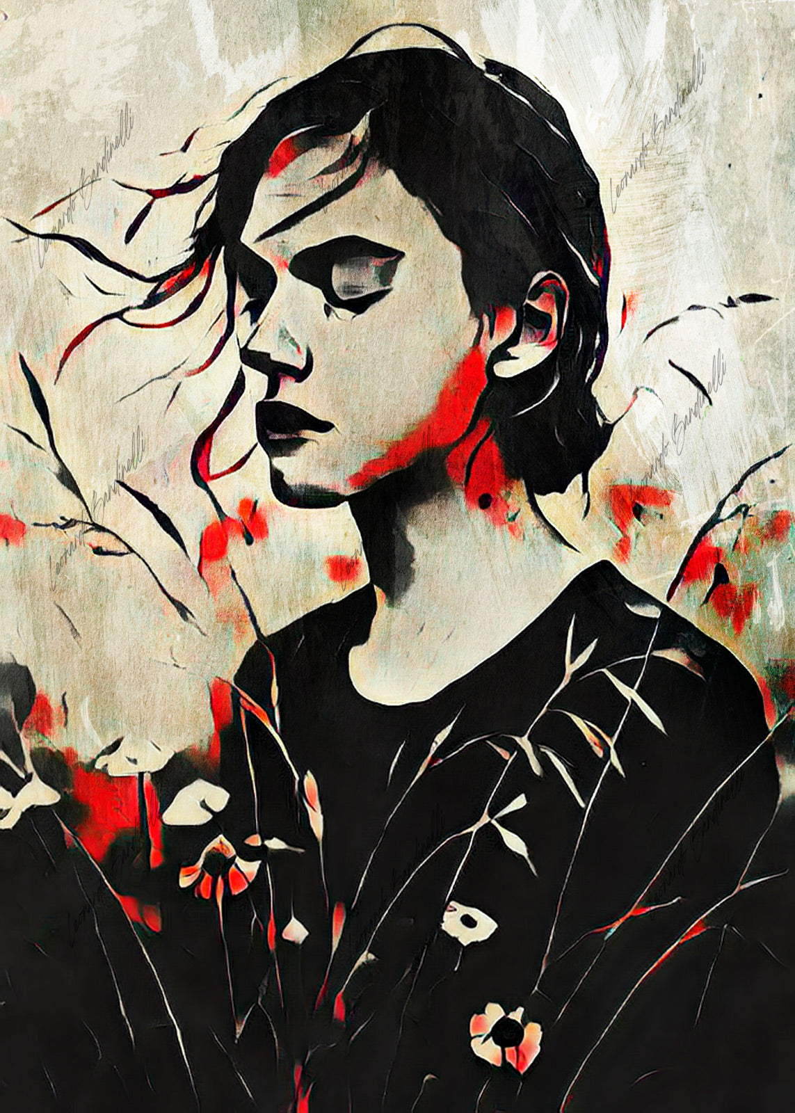 Opera di digital painting con ritratto femminile stilizzato di profilo, caratterizzata da contrasti tra nero, rosso e toni neutri.
Digital painting artwork featuring a stylized female profile portrait, characterized by contrasts between black, red and neutral tones.