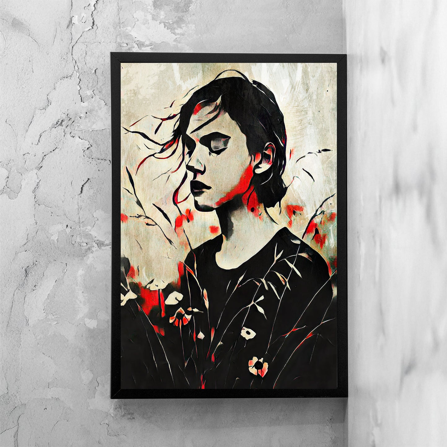 Opera di digital painting incorniciata con ritratto femminile di profilo, presentata come dettaglio di stampa e cornice.
Framed digital painting artwork featuring a female profile portrait, presented as a print and frame detail.