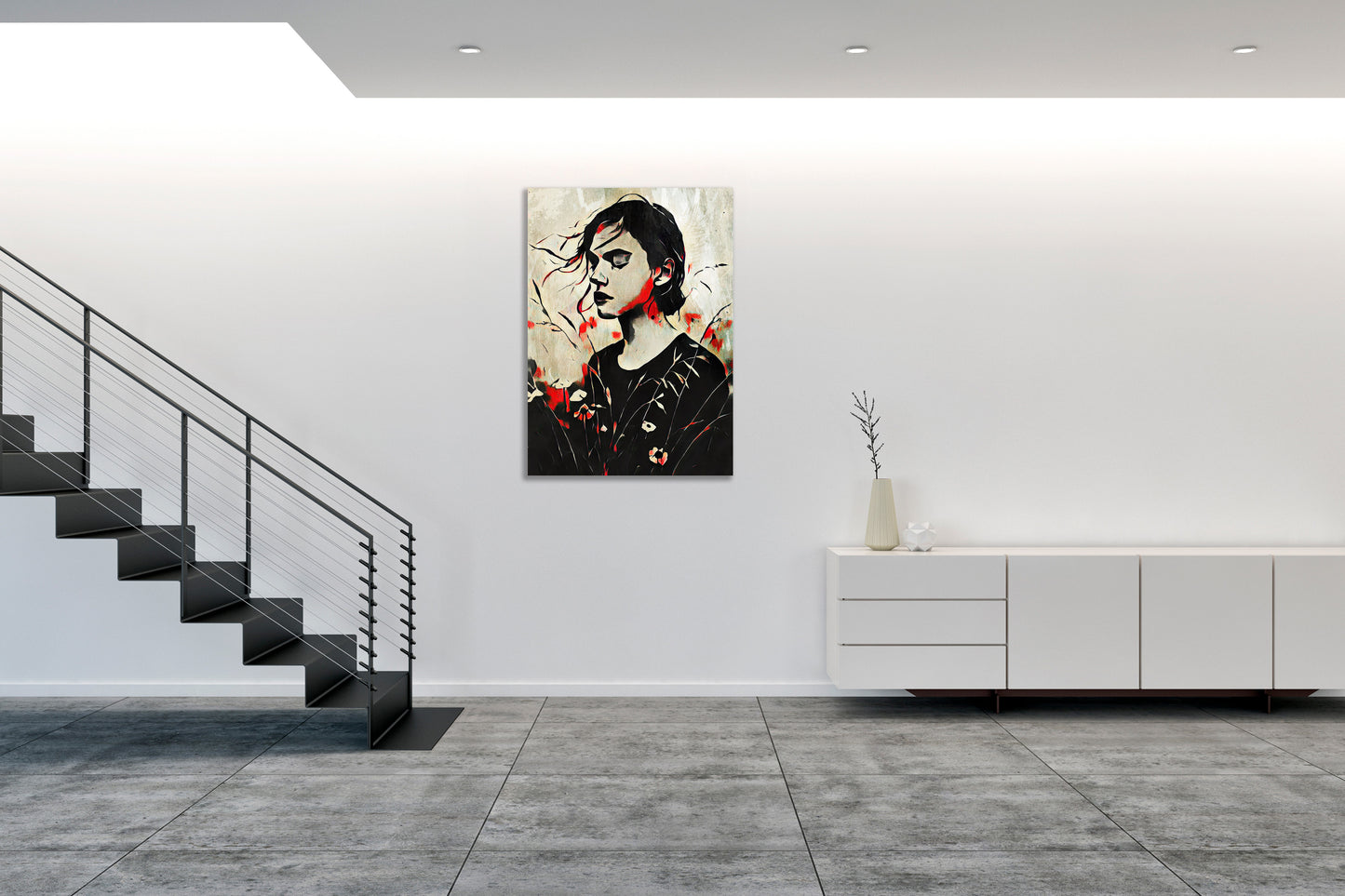 Opera di digital painting FRAGILE BALANCE esposta in ambiente domestico con parete chiara e arredamento moderno.
FRAGILE BALANCE digital painting artwork displayed in home setting with light wall and modern furniture.