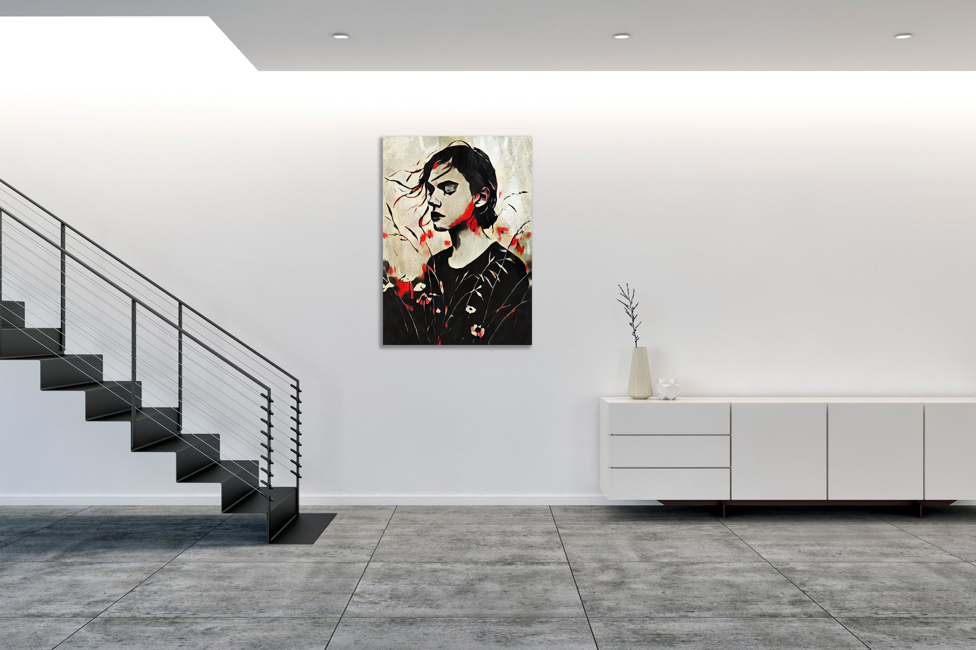 Opera di digital painting FRAGILE BALANCE esposta in ambiente domestico con parete chiara e arredamento moderno.
FRAGILE BALANCE digital painting artwork displayed in home setting with light wall and modern furniture.