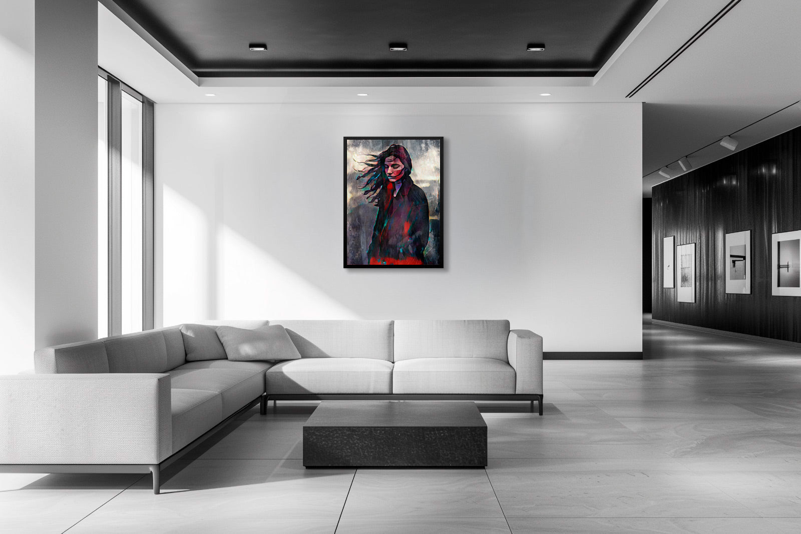 Opera Inner Drift ambientata in un soggiorno moderno minimal, ritratto artistico come elemento centrale dello spazio Inner Drift artwork displayed in a modern minimalist living room, artistic portrait as the focal point of the space