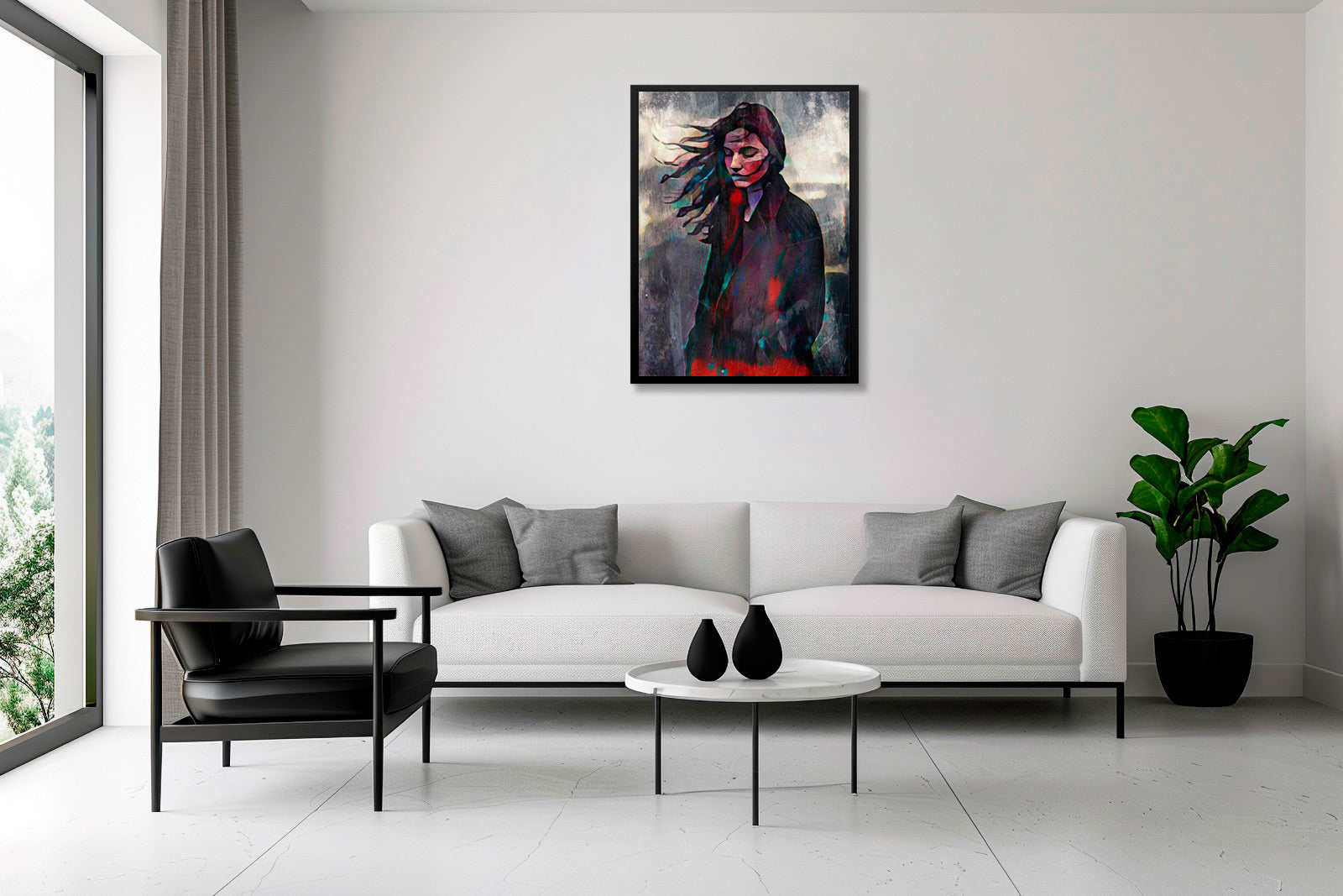 Ritratto artistico Inner Drift inserito in un ambiente contemporaneo luminoso, dialogo tra arte e interior design Inner Drift artistic portrait placed in a bright contemporary interior, dialogue between art and interior design