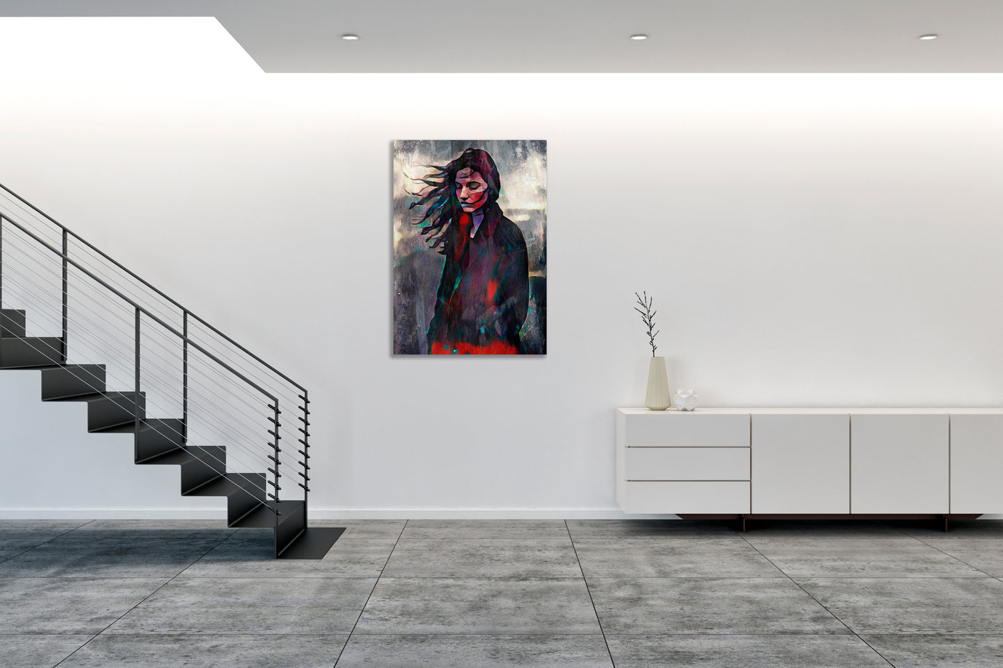 Opera d’arte Inner Drift esposta in uno spazio architettonico moderno con scala e arredi essenziali Inner Drift artwork exhibited in a modern architectural space with staircase and minimal furnishings