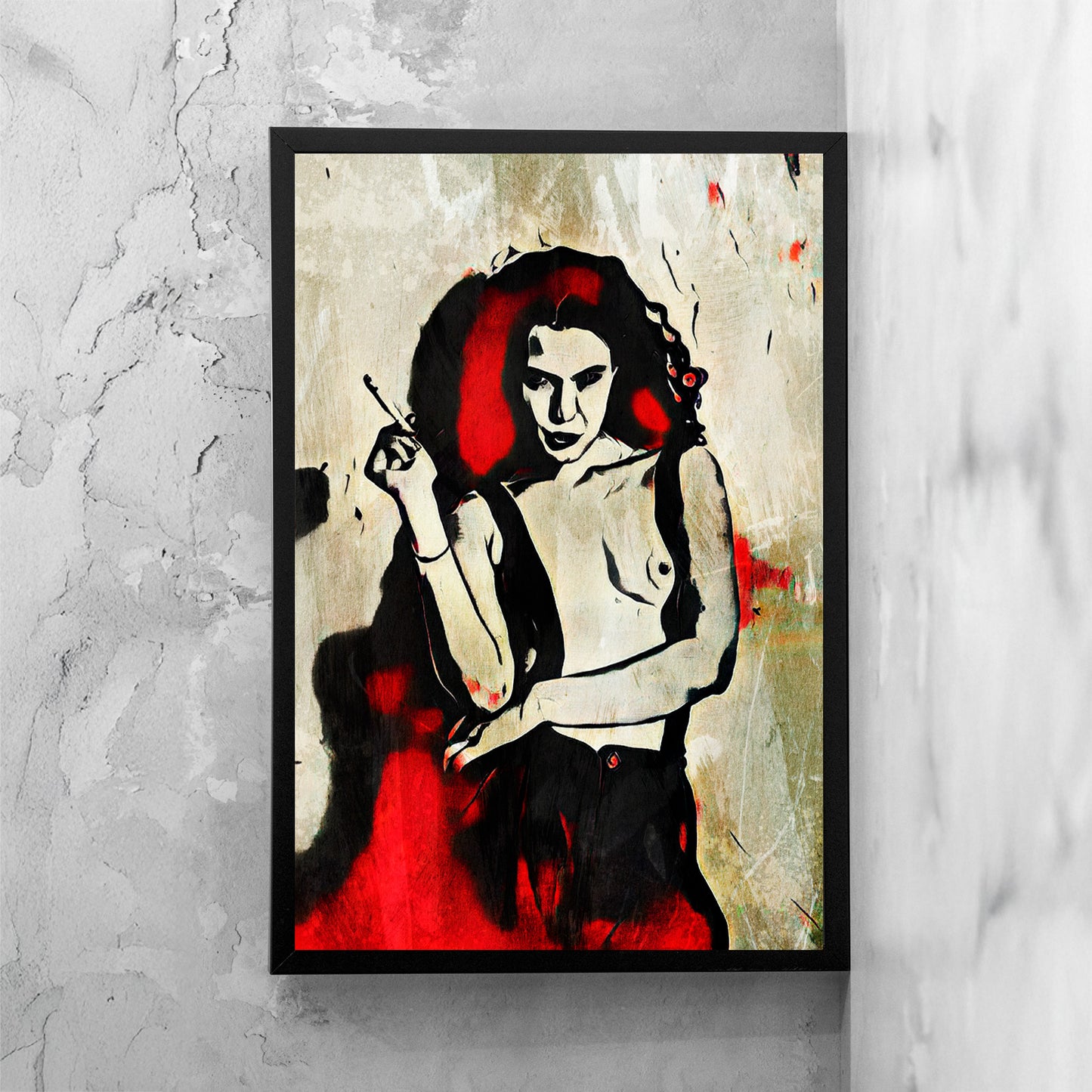 Opera di digital painting incorniciata con figura femminile in posa dinamica, presentata come dettaglio di stampa e cornice.
Framed digital painting artwork featuring a female figure in a dynamic pose, presented as a print and frame detail.