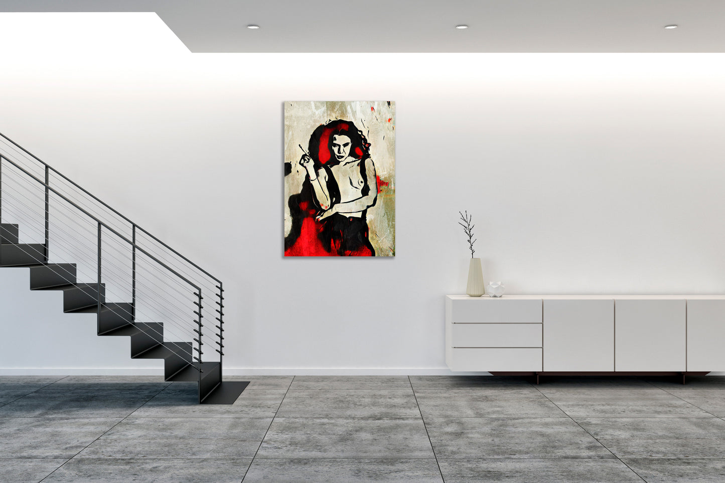 Opera di digital painting RED TENSION incorniciata con figura femminile stilizzata, esposta in ambiente domestico contemporaneo.
RED TENSION framed digital painting artwork featuring a stylized female figure, displayed in contemporary home setting.