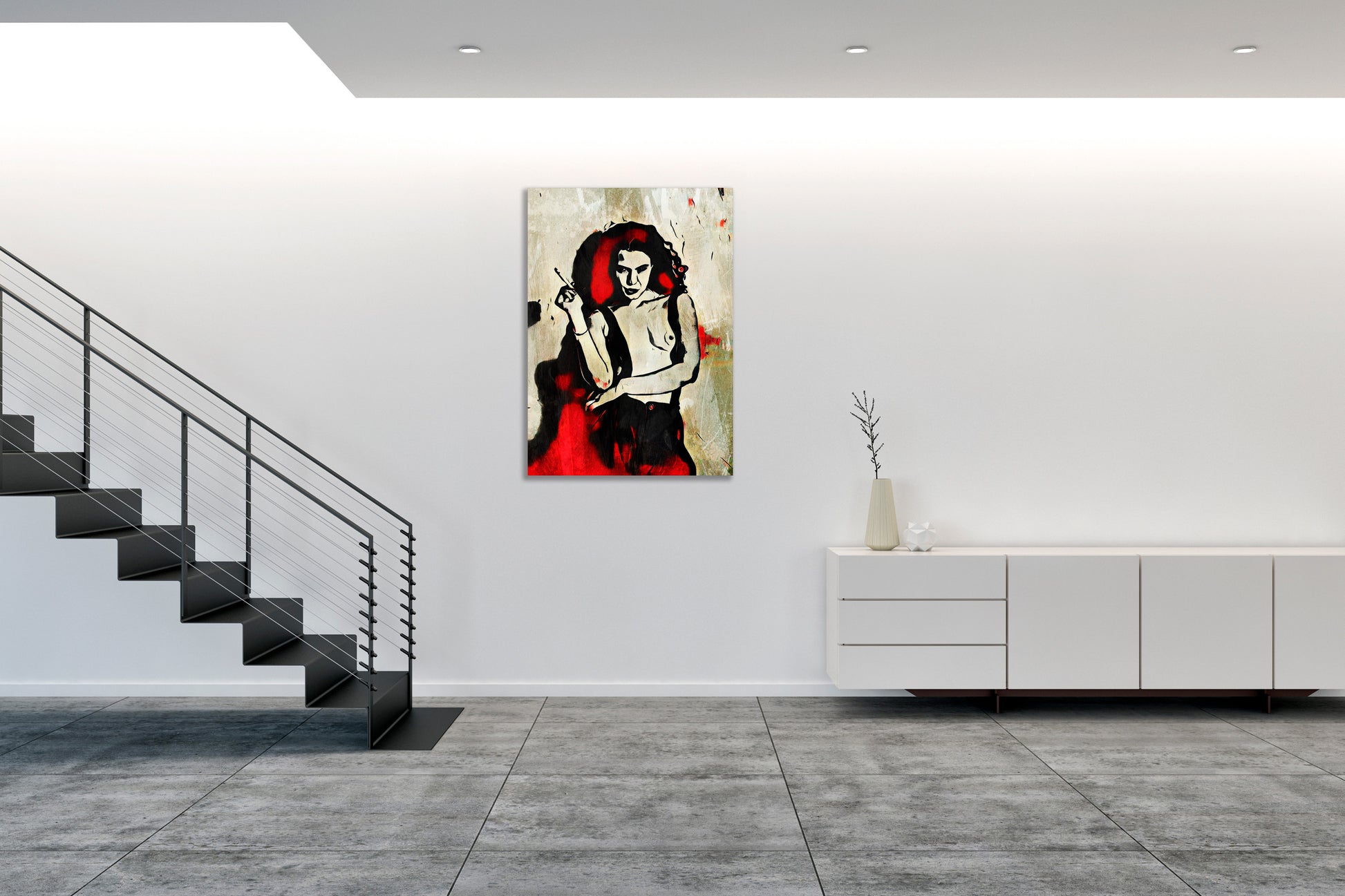 Opera di digital painting RED TENSION incorniciata con figura femminile stilizzata, esposta in ambiente domestico contemporaneo.
RED TENSION framed digital painting artwork featuring a stylized female figure, displayed in contemporary home setting.