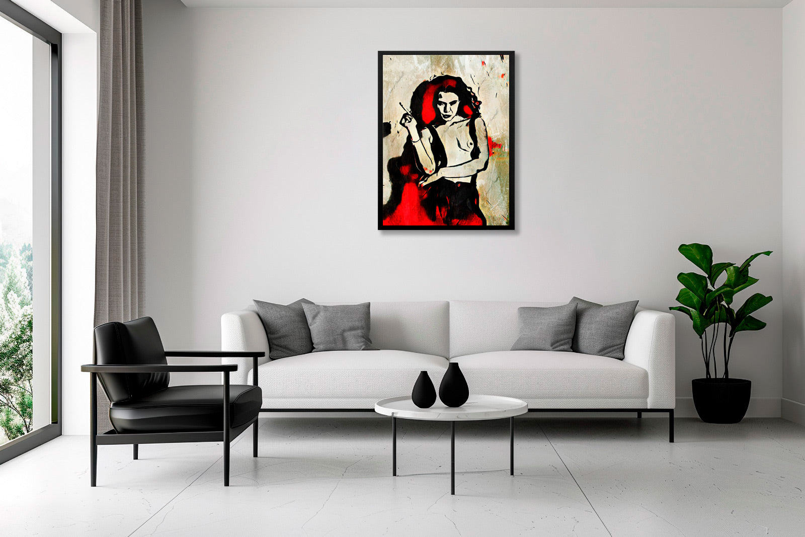 Opera di digital painting RED TENSION incorniciata con figura femminile stilizzata, esposta in ambiente gallery minimale con parete chiara.
RED TENSION framed digital painting artwork featuring a stylized female figure, displayed in minimal gallery setting with light wall.