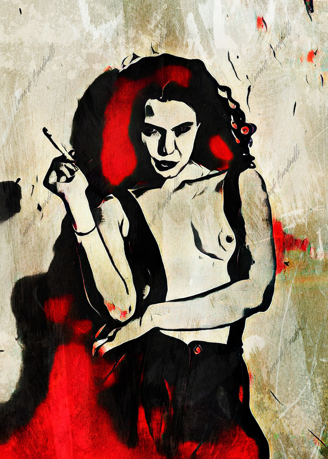 Opera di digital painting con figura femminile stilizzata che tiene una sigaretta, caratterizzata da forti contrasti tra nero, rosso e toni neutri e da texture pittoriche materiche.
Digital painting artwork featuring a stylized female figure holding a cigarette, characterized by strong contrasts between black, red and neutral tones and textured, painterly surfaces.