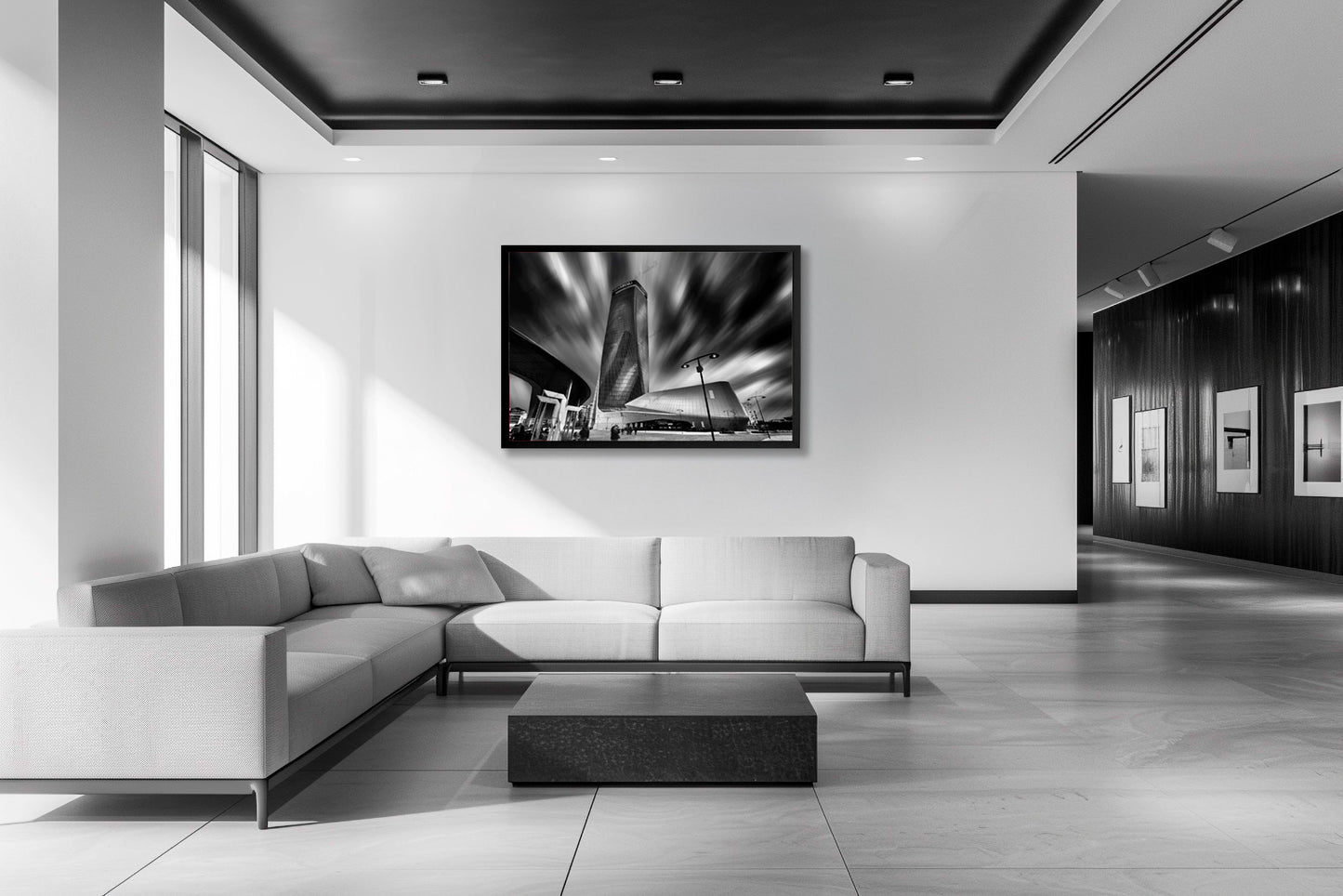 Fotografia fine art in bianco e nero incorniciata di architettura contemporanea a Milano con il grattacielo Generali, esposta in ambiente domestico moderno con arredamento minimalista.
Black and white fine art photograph shown framed of contemporary architecture in Milan featuring the Generali tower, displayed in modern home interior with minimalist furnishings.