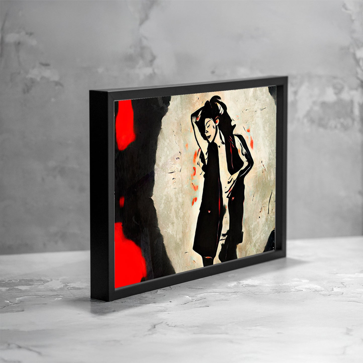 Opera di digital painting incorniciata con figura femminile stilizzata in posa dinamica, con contrasti tra nero, rosso e toni neutri, presentata in una vista angolata come esempio di ambientazione.
Framed digital painting artwork featuring a stylized female figure in a dynamic pose, with contrasts between black, red and neutral tones, presented in an angled view as an example of display.