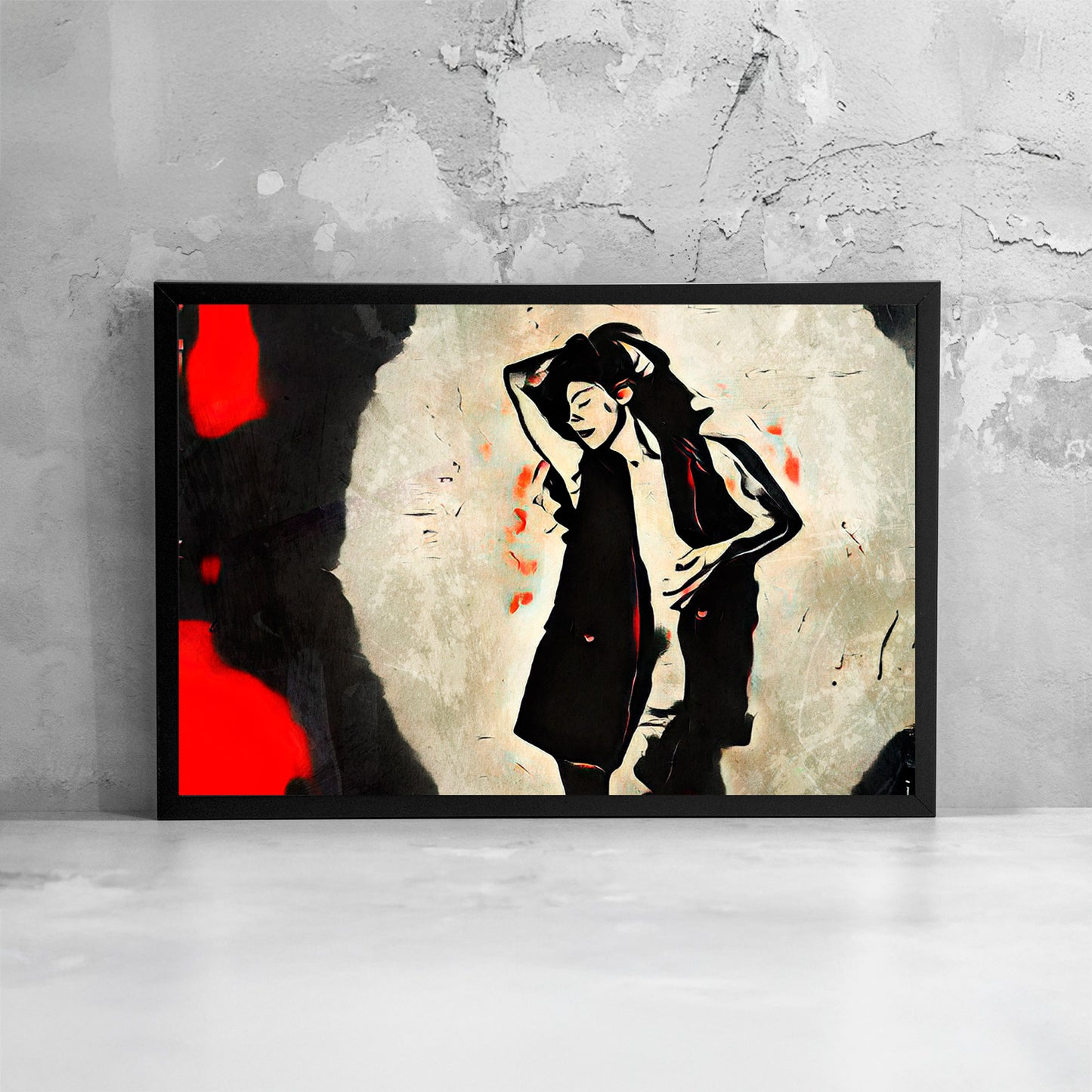 Opera di digital painting incorniciata con figura femminile in posa dinamica, presentata come dettaglio di stampa e cornice.
Framed digital painting artwork featuring a female figure in a dynamic pose, presented as a print and frame detail.