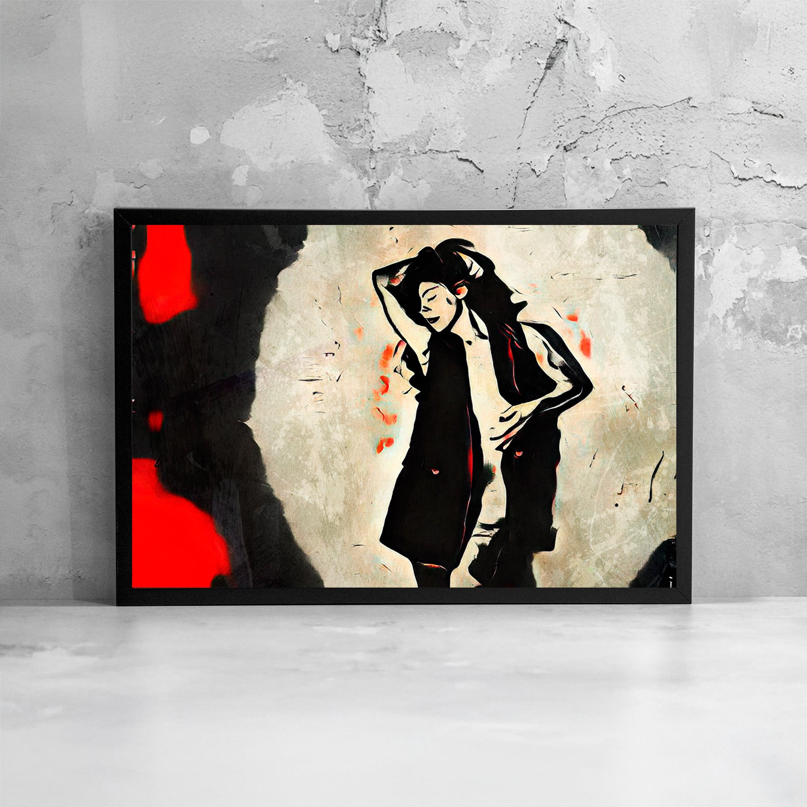 Opera di digital painting incorniciata con figura femminile in posa dinamica, presentata come dettaglio di stampa e cornice.
Framed digital painting artwork featuring a female figure in a dynamic pose, presented as a print and frame detail.