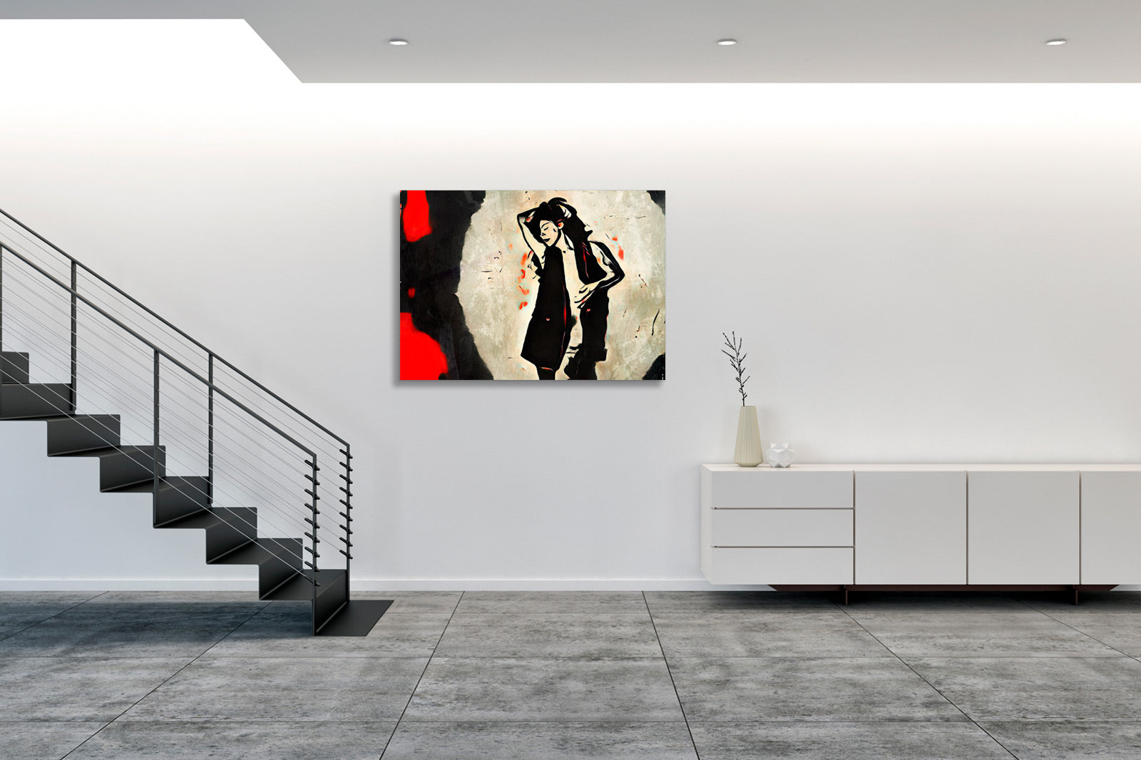 Opera di digital painting INNER PULSE incorniciata con figura femminile stilizzata in posa dinamica, esposta in ambiente domestico contemporaneo.
INNER PULSE framed digital painting artwork featuring a stylized female figure in a dynamic pose, displayed in contemporary home setting.
