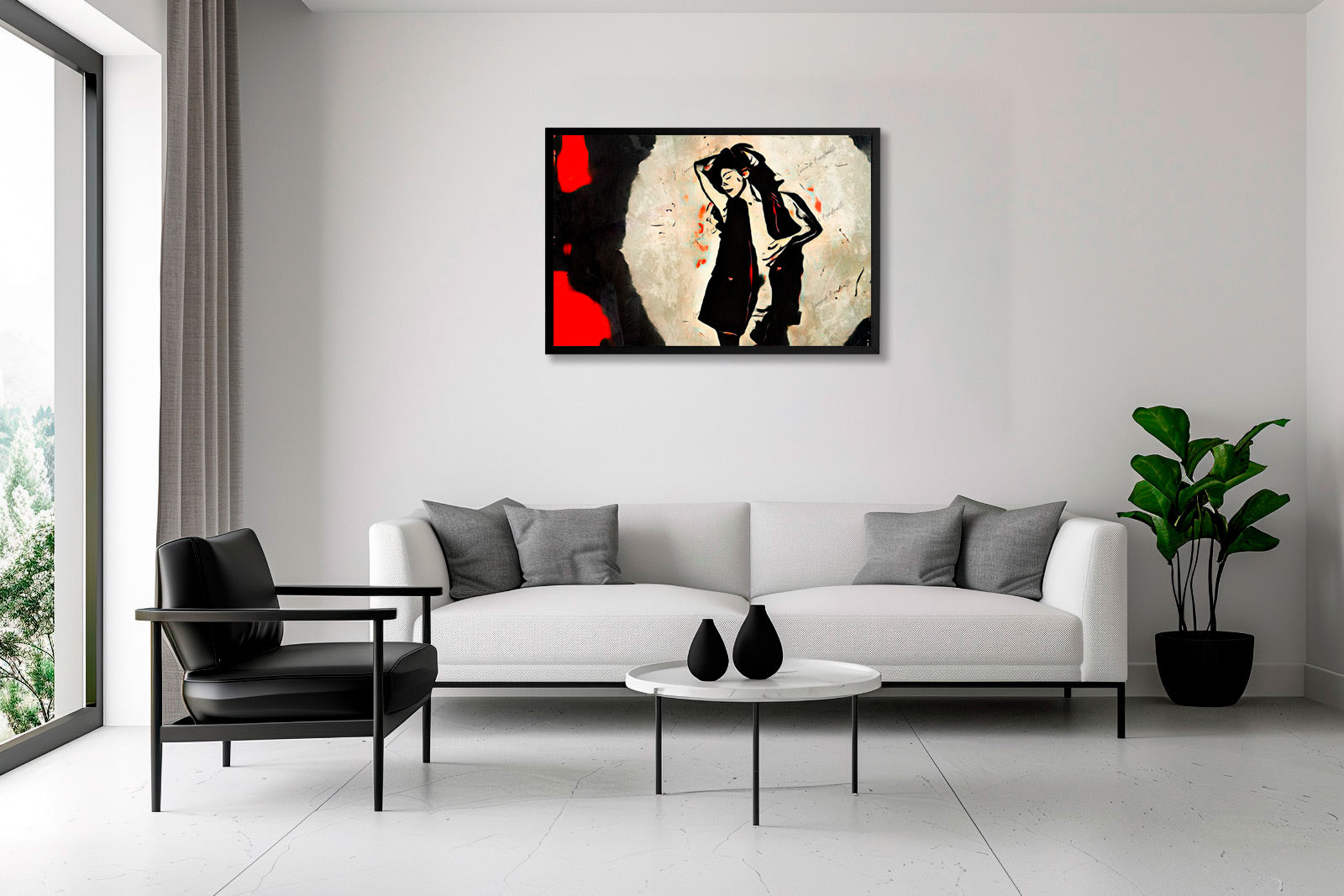 Opera di digital painting INNER PULSE incorniciata con figura femminile stilizzata in posa dinamica, esposta in ambiente domestico moderno con arredamento minimalista.
INNER PULSE framed digital painting artwork featuring a stylized female figure in a dynamic pose, displayed in modern home interior with minimalist furnishings.