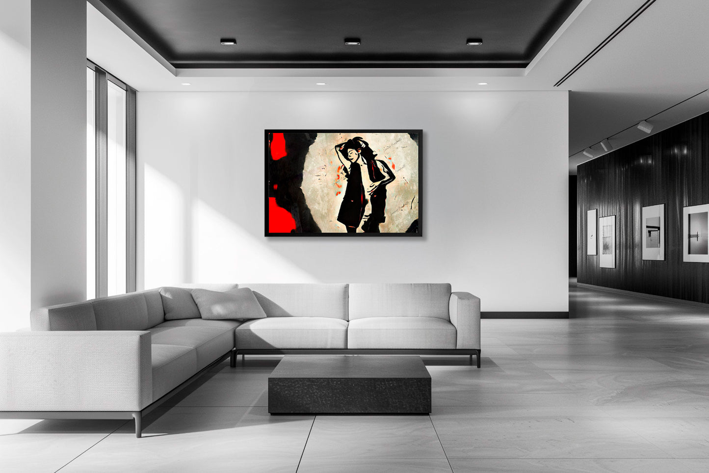 Opera di digital painting INNER PULSE incorniciata con figura femminile stilizzata in posa dinamica, esposta in ambiente gallery minimale con parete chiara.
INNER PULSE framed digital painting artwork featuring a stylized female figure in a dynamic pose, displayed in minimal gallery setting with light wall.
