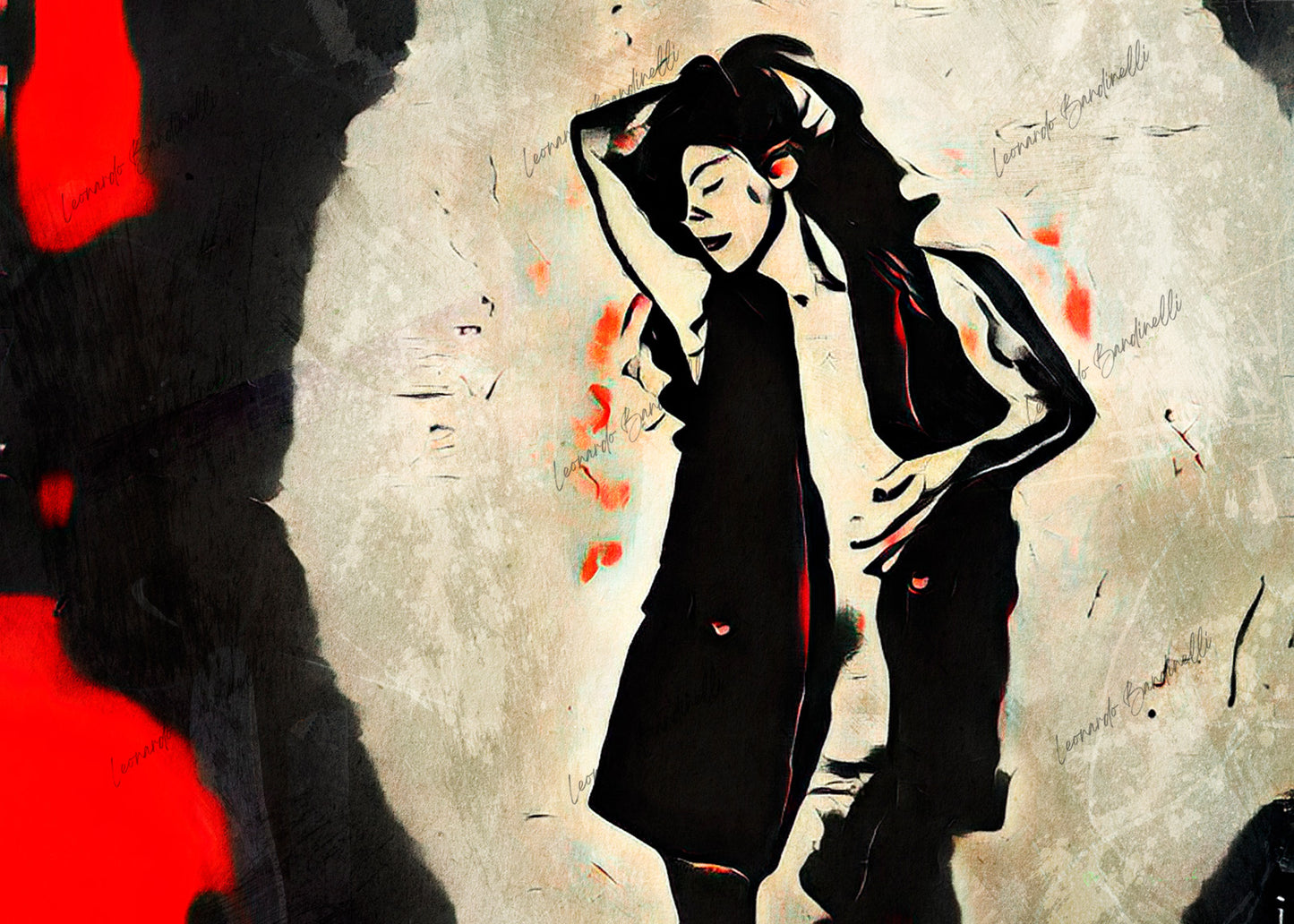 Opera di digital painting con figura femminile stilizzata in posa dinamica, caratterizzata da contrasti tra nero, rosso e toni neutri.
Digital painting artwork featuring a stylized female figure in a dynamic pose, characterized by contrasts between black, red and neutral tones.