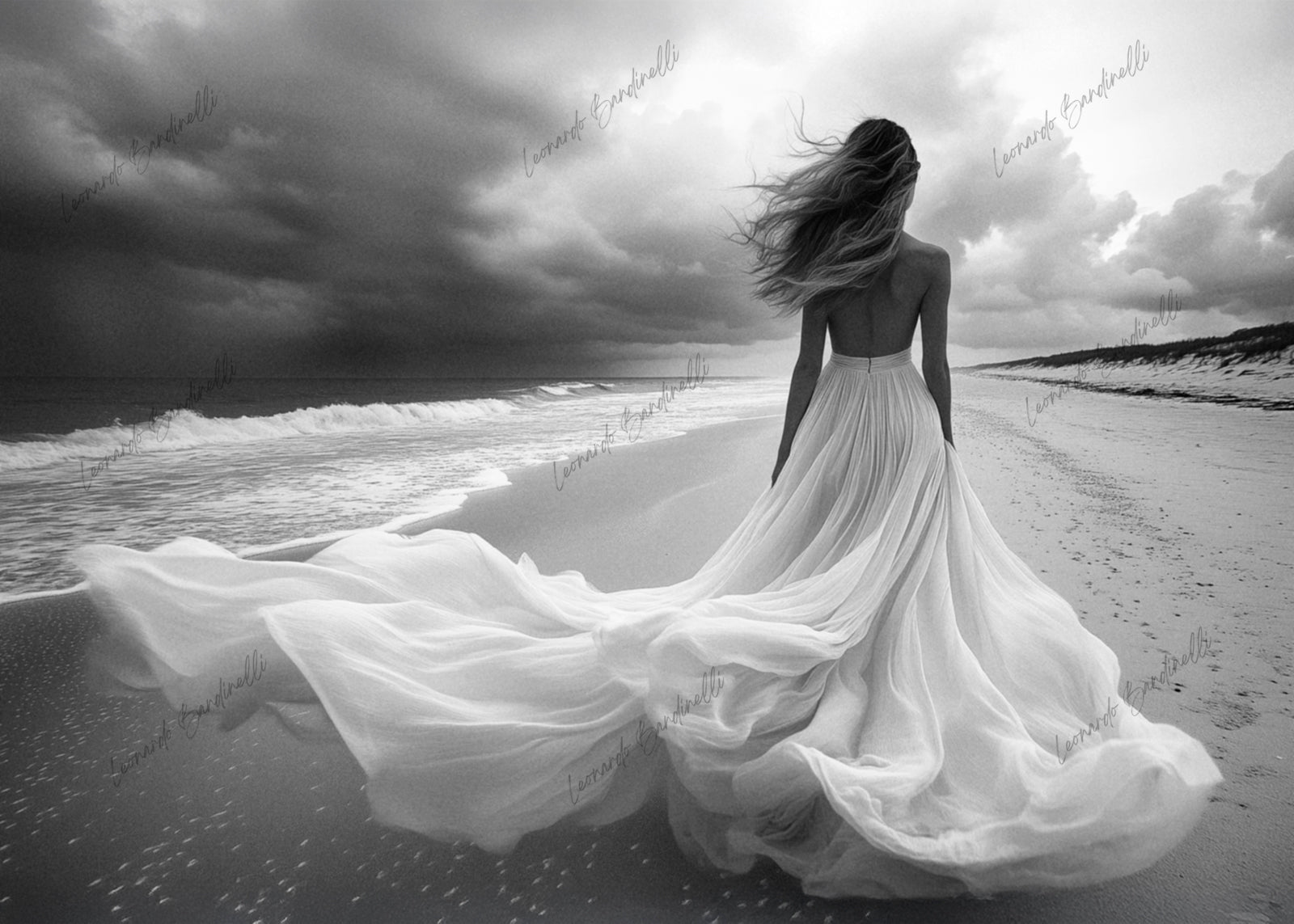 Fotografia fine art in bianco e nero di una figura femminile di spalle sulla riva del mare, con un abito leggero mosso dal vento, le onde che scorrono sulla battigia e un cielo tempestoso.
Black and white fine art photograph of a female figure seen from behind on a seashore, wearing a flowing dress moved by the wind, with waves along the shoreline and a stormy sky.
