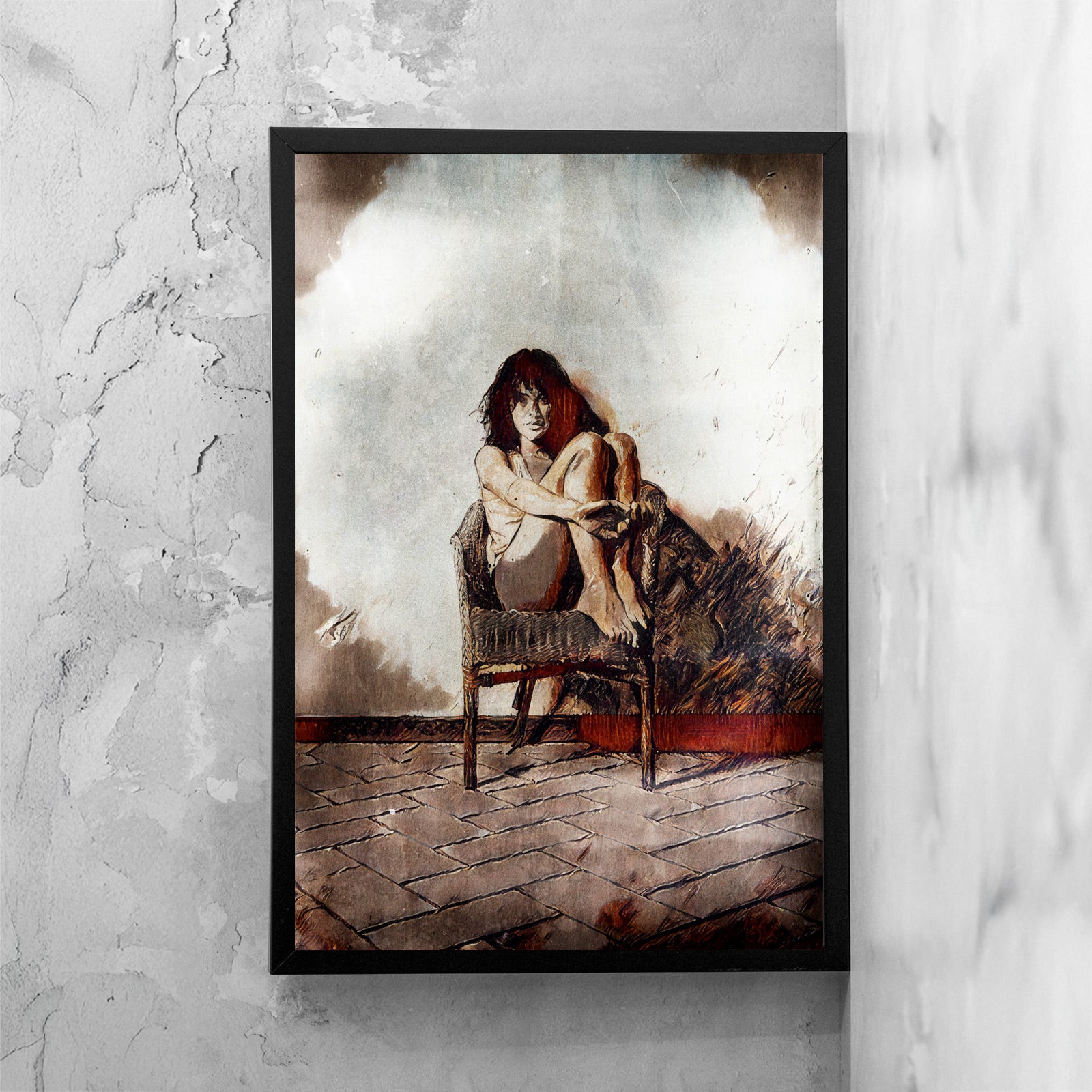 Opera di digital painting incorniciata con figura femminile seduta, presentata come dettaglio di stampa e cornice.
Framed digital painting artwork featuring a seated female figure, presented as a print and frame detail.
