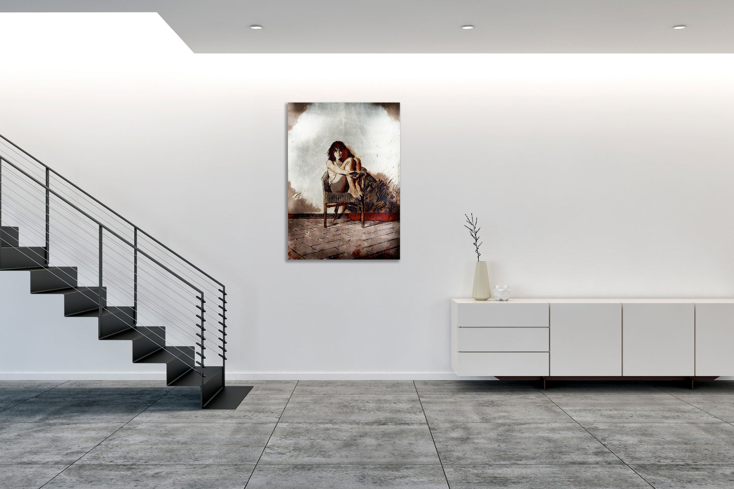 Opera di digital painting INNER SILENCE incorniciata con figura femminile seduta, esposta in ambiente domestico contemporaneo.
INNER SILENCE framed digital painting artwork featuring a seated female figure, displayed in contemporary home setting.