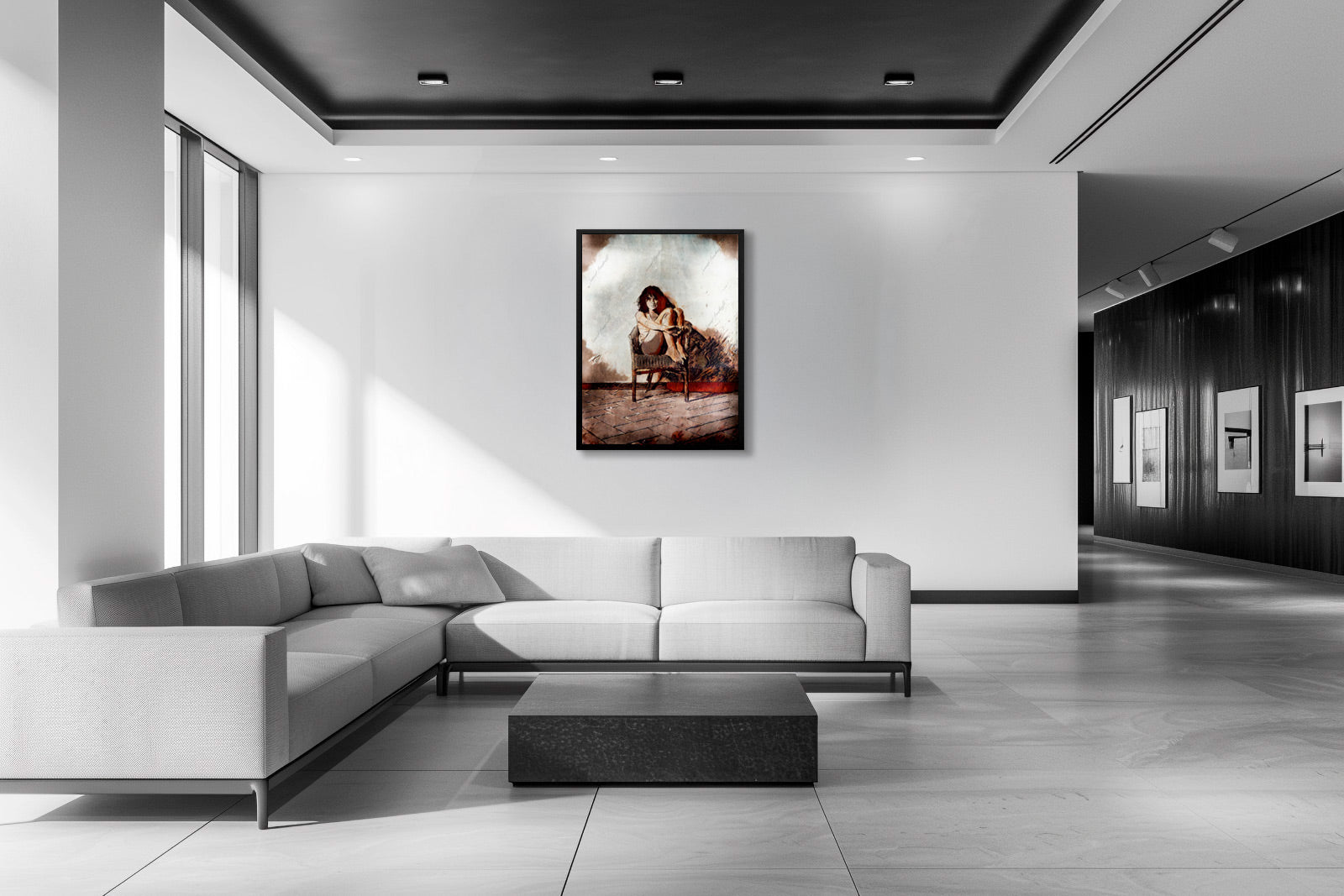 Opera di digital painting INNER SILENCE incorniciata con figura femminile seduta, esposta in ambiente domestico moderno con arredamento minimalista.
INNER SILENCE framed digital painting artwork featuring a seated female figure, displayed in modern home interior with minimalist furnishings.