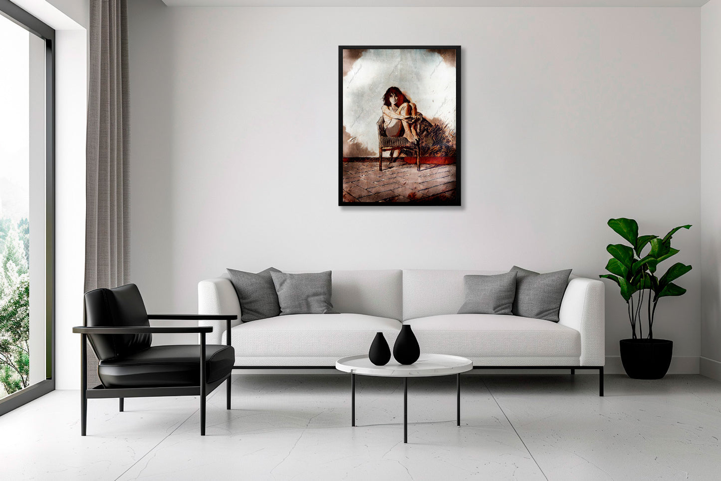 Opera di digital painting INNER SILENCE incorniciata con figura femminile seduta, esposta in ambiente gallery minimale con parete chiara.
INNER SILENCE framed digital painting artwork featuring a seated female figure, displayed in minimal gallery setting with light wall.