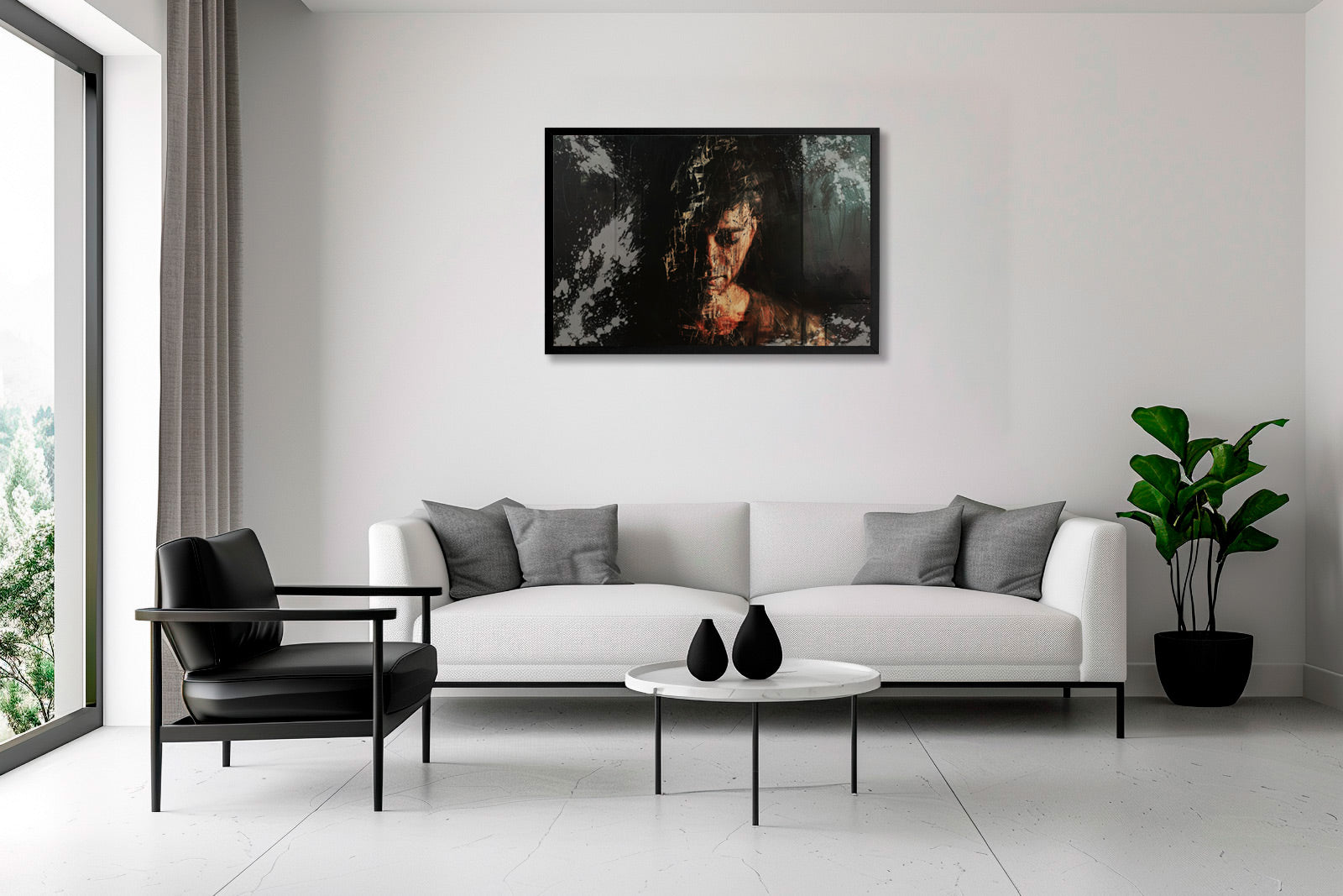Opera di arte contemporanea con ritratto intenso e stratificazioni visive, collocata in uno spazio abitativo minimale ed eleganteContemporary art artwork featuring an intense portrait with visual layering, placed within a minimal and elegant living space