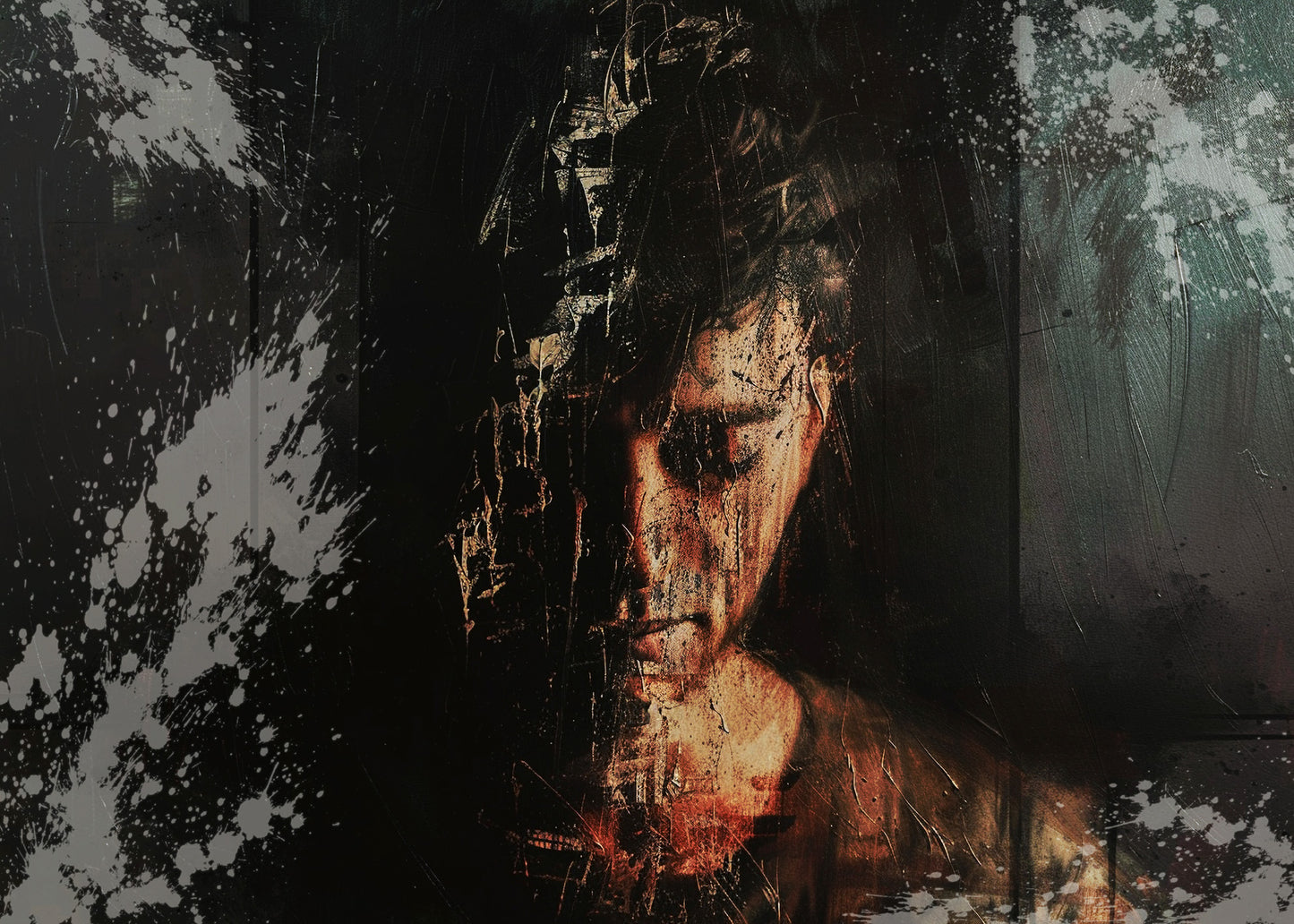 Dettaglio ravvicinato dell’opera Inner Threshold, con volto frammentato, texture, graffi e stratificazioni che evocano introspezione e identitàClose-up detail of the artwork Inner Threshold, featuring a fragmented face, textures, scratches and layered surfaces evoking introspection and identity