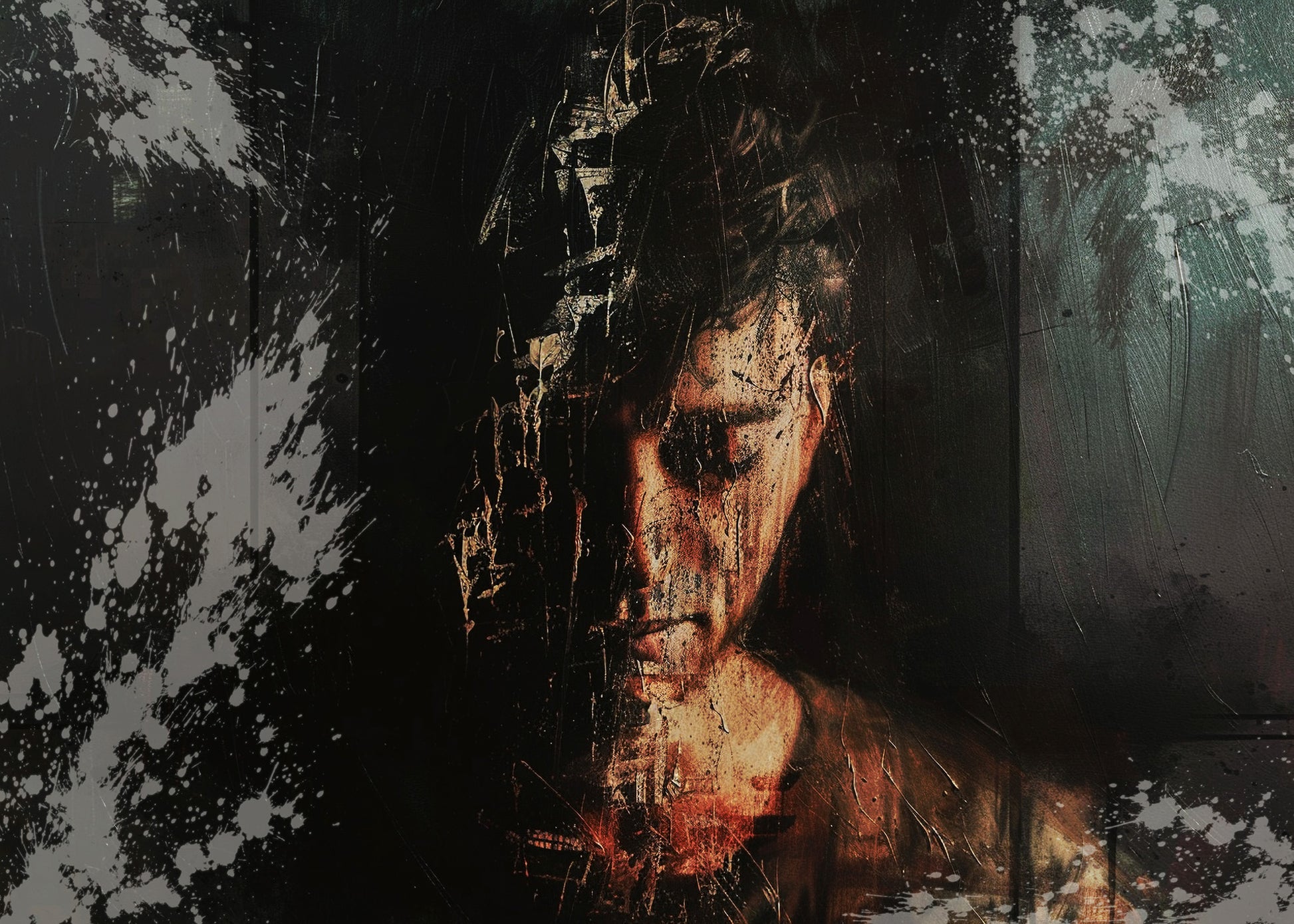 Dettaglio ravvicinato dell’opera Inner Threshold, con volto frammentato, texture, graffi e stratificazioni che evocano introspezione e identitàClose-up detail of the artwork Inner Threshold, featuring a fragmented face, textures, scratches and layered surfaces evoking introspection and identity