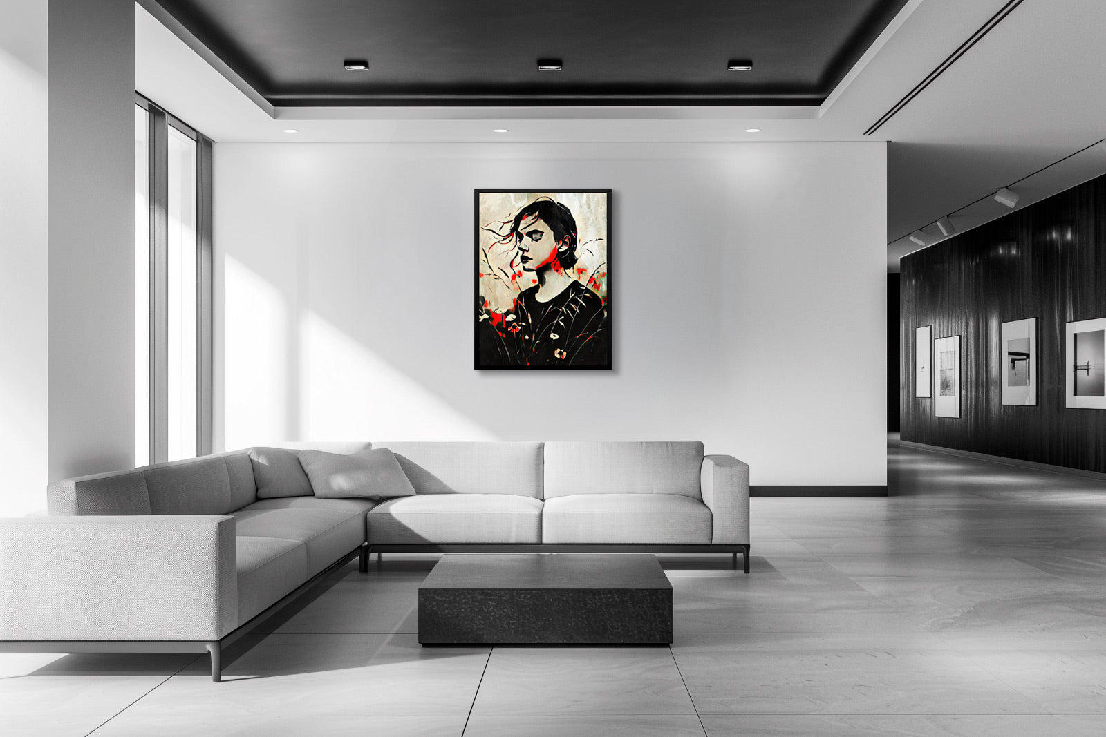 Opera di digital painting FRAGILE BALANCE esposta in ambiente living moderno con divano grigio e tavolino in legno.
FRAGILE BALANCE digital painting artwork displayed in modern living room with grey sofa and wooden coffee table.