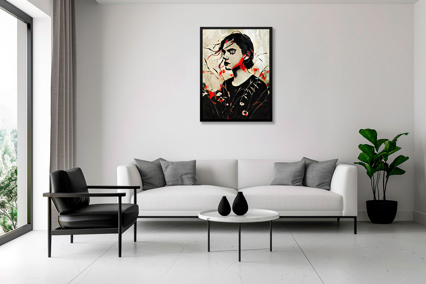 Opera di digital painting FRAGILE BALANCE esposta in ambiente soggiorno contemporaneo con arredamento minimalista.
FRAGILE BALANCE digital painting artwork displayed in contemporary living space with minimalist furnishings.